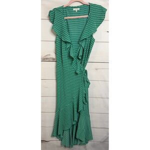 Max Studio Womens Green White Ruffle Wrap High Low Midi Dress Large 8901C51